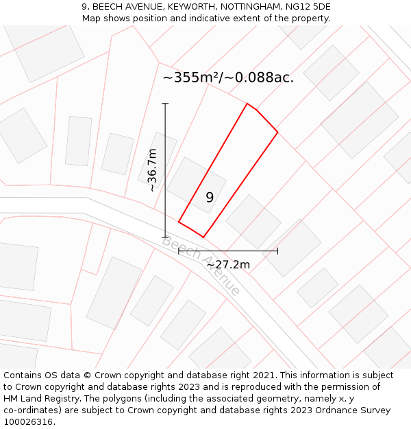 9, BEECH AVENUE, KEYWORTH, NOTTINGHAM, NG12 5DE: Plot and title map