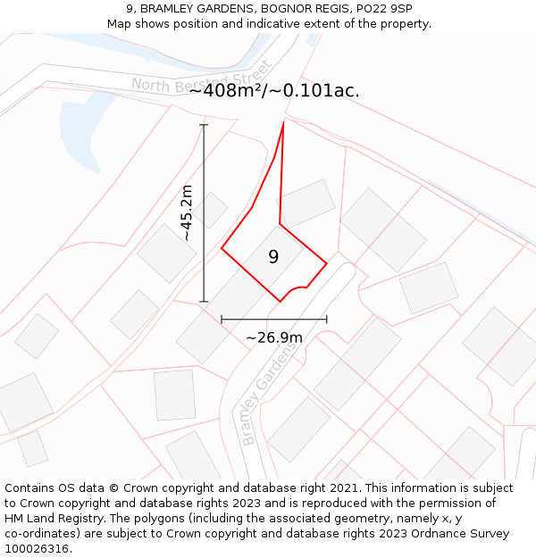 9, BRAMLEY GARDENS, BOGNOR REGIS, PO22 9SP: Plot and title map
