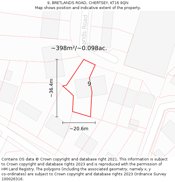 9, BRETLANDS ROAD, CHERTSEY, KT16 9QN: Plot and title map