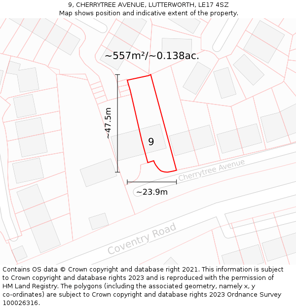 9, CHERRYTREE AVENUE, LUTTERWORTH, LE17 4SZ: Plot and title map