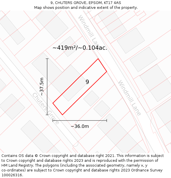 9, CHUTERS GROVE, EPSOM, KT17 4AS: Plot and title map