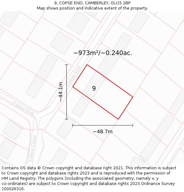 9, COPSE END, CAMBERLEY, GU15 2BP: Plot and title map