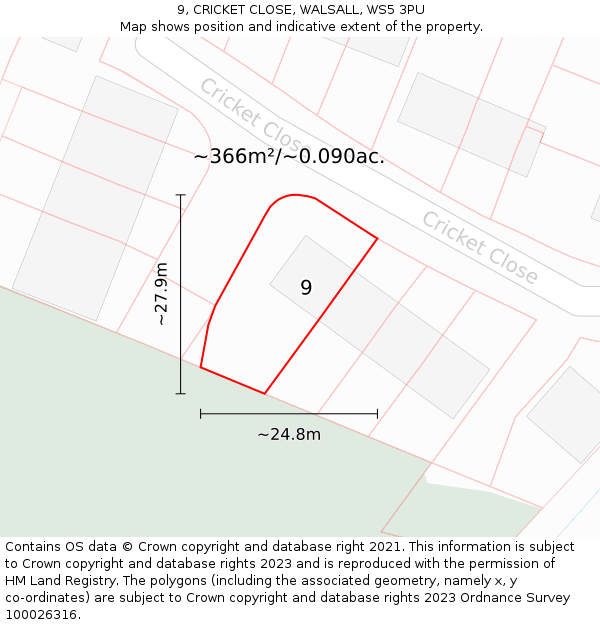 9, CRICKET CLOSE, WALSALL, WS5 3PU: Plot and title map