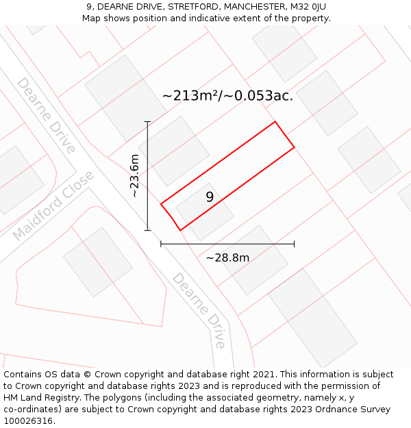 9, DEARNE DRIVE, STRETFORD, MANCHESTER, M32 0JU: Plot and title map