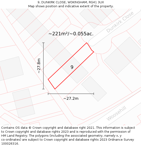 9, DUNKIRK CLOSE, WOKINGHAM, RG41 3UX: Plot and title map