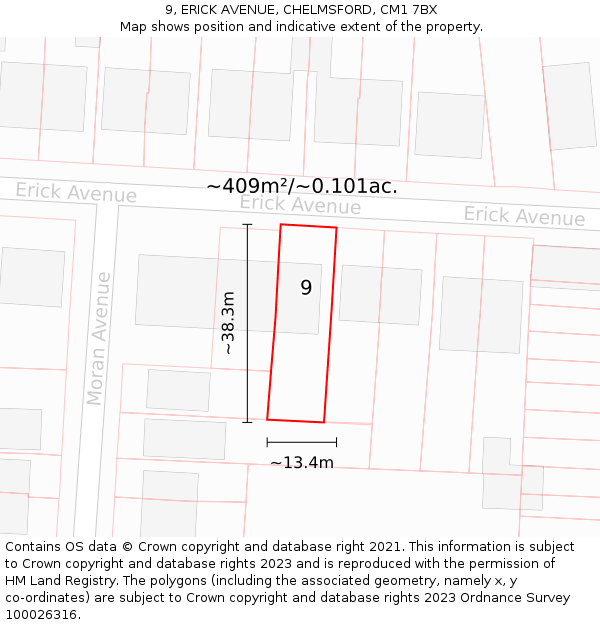 9, ERICK AVENUE, CHELMSFORD, CM1 7BX: Plot and title map