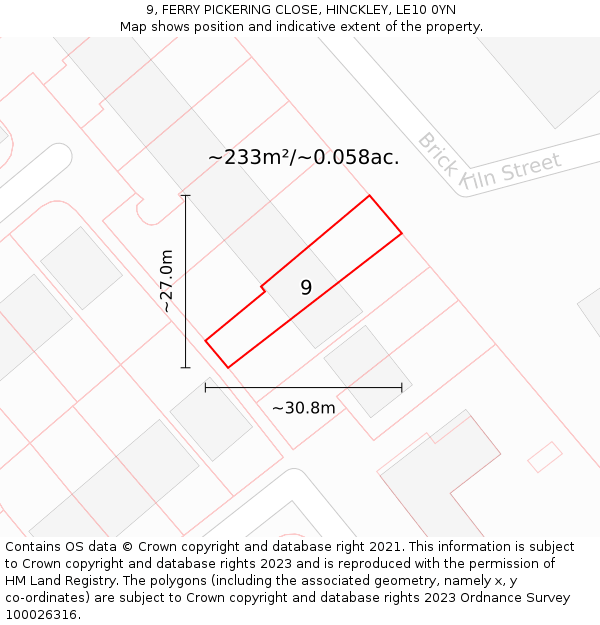 9, FERRY PICKERING CLOSE, HINCKLEY, LE10 0YN: Plot and title map