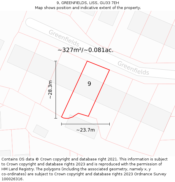 9, GREENFIELDS, LISS, GU33 7EH: Plot and title map