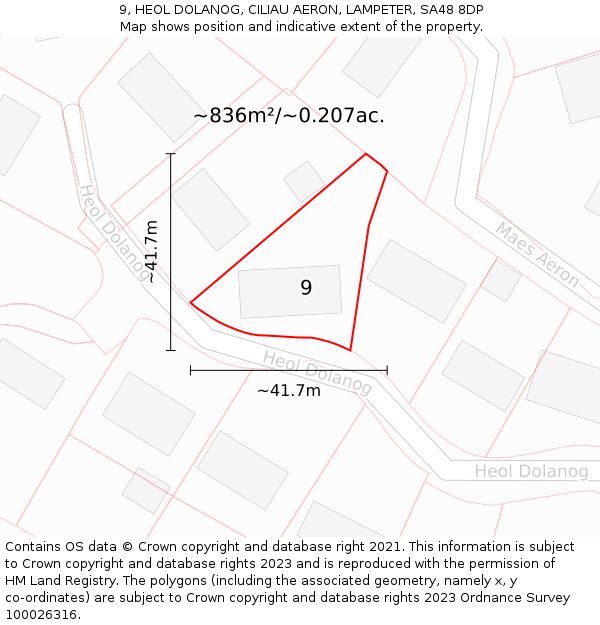 9, HEOL DOLANOG, CILIAU AERON, LAMPETER, SA48 8DP: Plot and title map