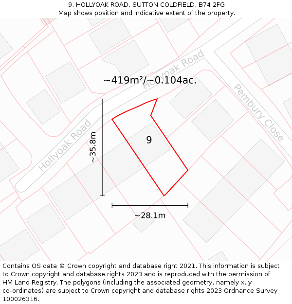 9, HOLLYOAK ROAD, SUTTON COLDFIELD, B74 2FG: Plot and title map