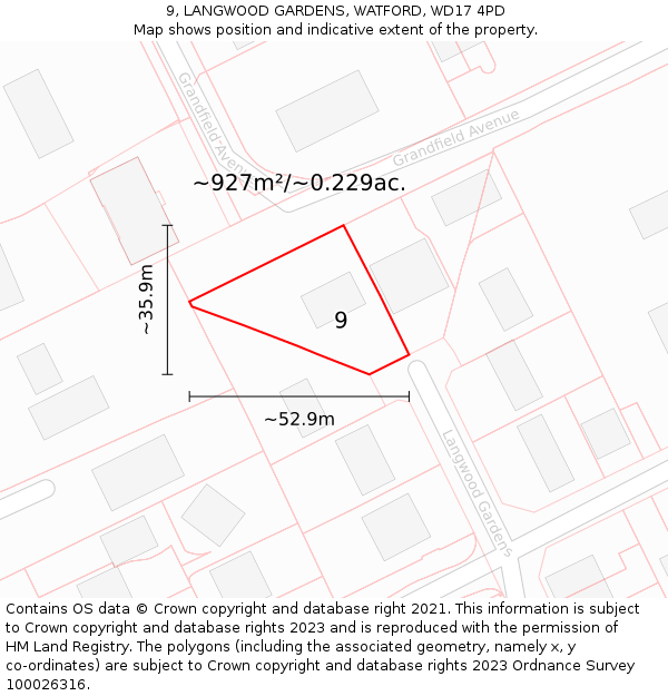 9, LANGWOOD GARDENS, WATFORD, WD17 4PD: Plot and title map