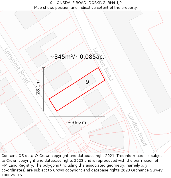 9, LONSDALE ROAD, DORKING, RH4 1JP: Plot and title map