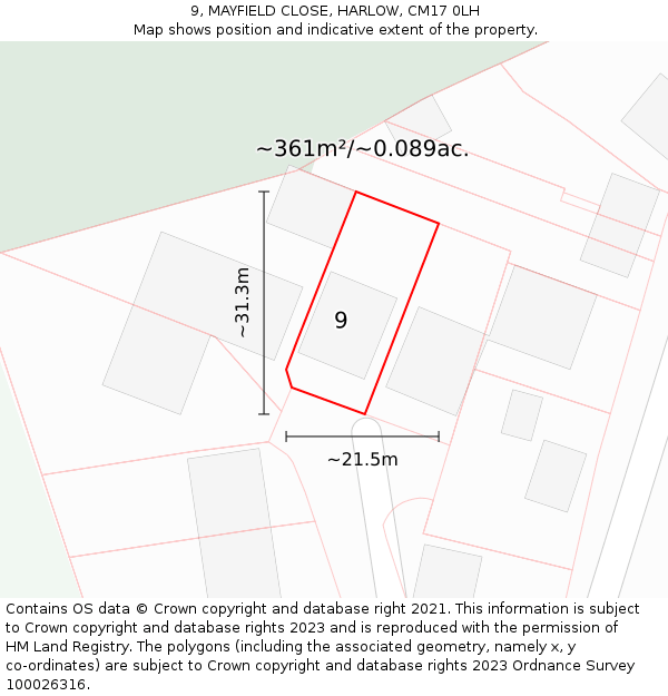 9, MAYFIELD CLOSE, HARLOW, CM17 0LH: Plot and title map