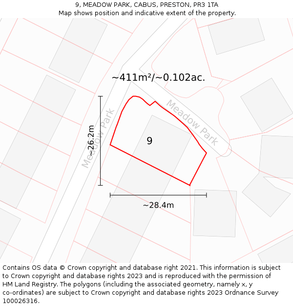 9, MEADOW PARK, CABUS, PRESTON, PR3 1TA: Plot and title map