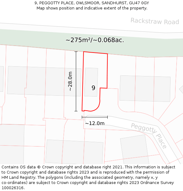 9, PEGGOTTY PLACE, OWLSMOOR, SANDHURST, GU47 0GY: Plot and title map
