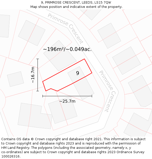 9, PRIMROSE CRESCENT, LEEDS, LS15 7QW: Plot and title map