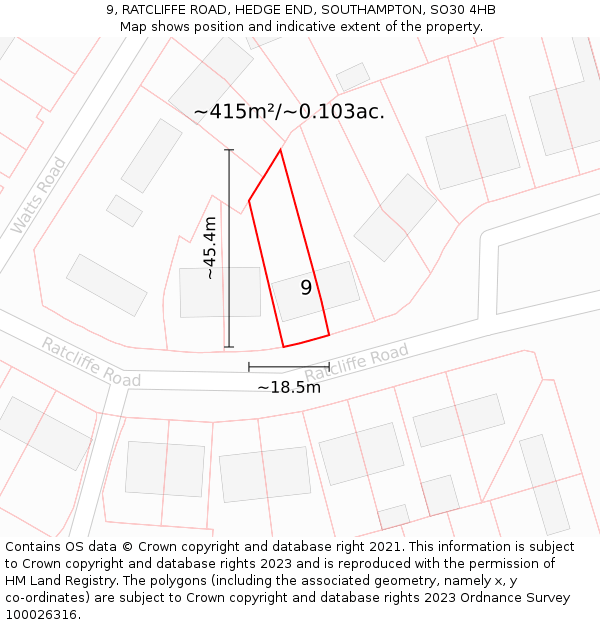 9, RATCLIFFE ROAD, HEDGE END, SOUTHAMPTON, SO30 4HB: Plot and title map