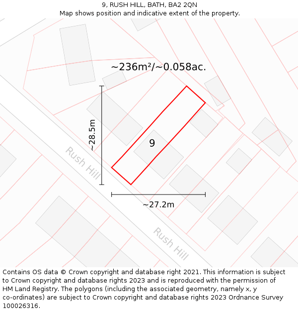 9, RUSH HILL, BATH, BA2 2QN: Plot and title map