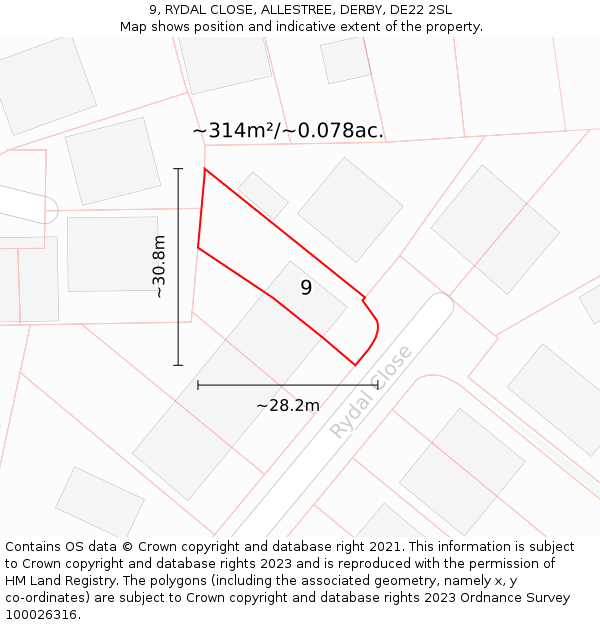9, RYDAL CLOSE, ALLESTREE, DERBY, DE22 2SL: Plot and title map