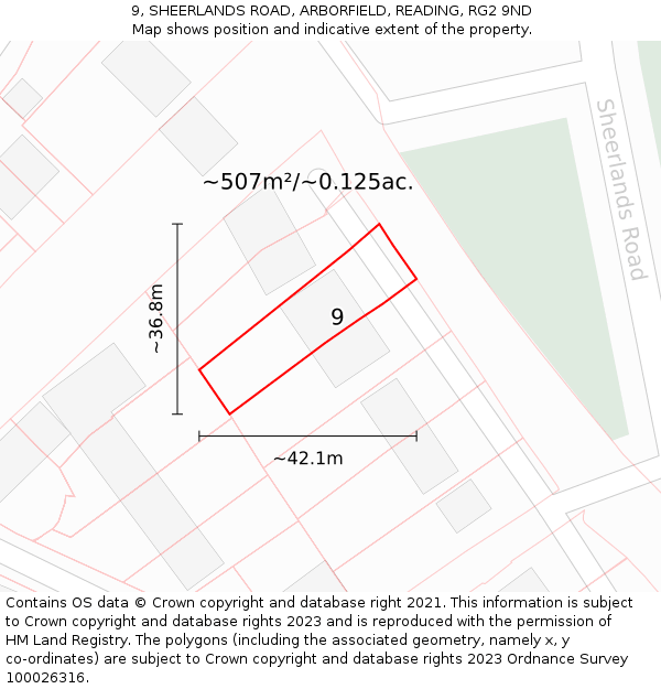 9, SHEERLANDS ROAD, ARBORFIELD, READING, RG2 9ND: Plot and title map