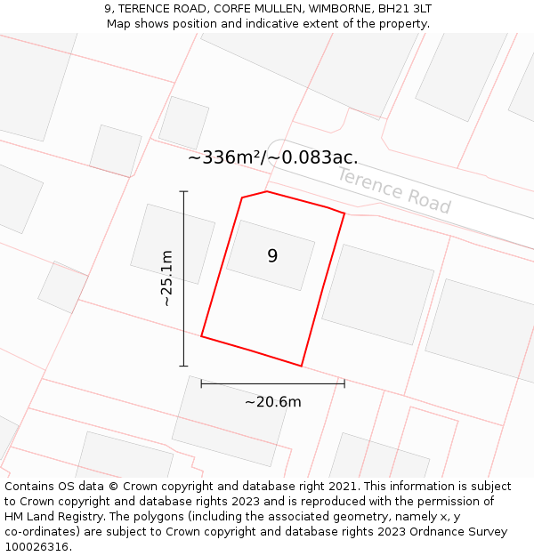9, TERENCE ROAD, CORFE MULLEN, WIMBORNE, BH21 3LT: Plot and title map