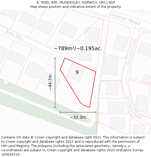 9, TEXEL WAY, MUNDESLEY, NORWICH, NR11 8DP: Plot and title map