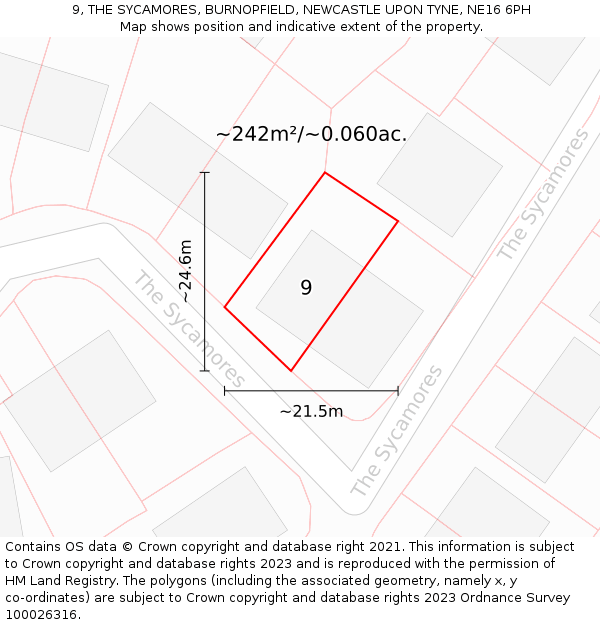 9, THE SYCAMORES, BURNOPFIELD, NEWCASTLE UPON TYNE, NE16 6PH: Plot and title map
