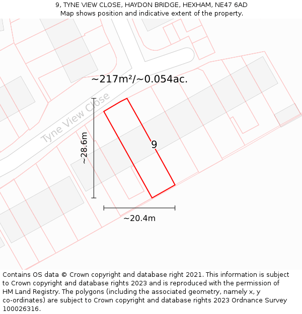 9, TYNE VIEW CLOSE, HAYDON BRIDGE, HEXHAM, NE47 6AD: Plot and title map