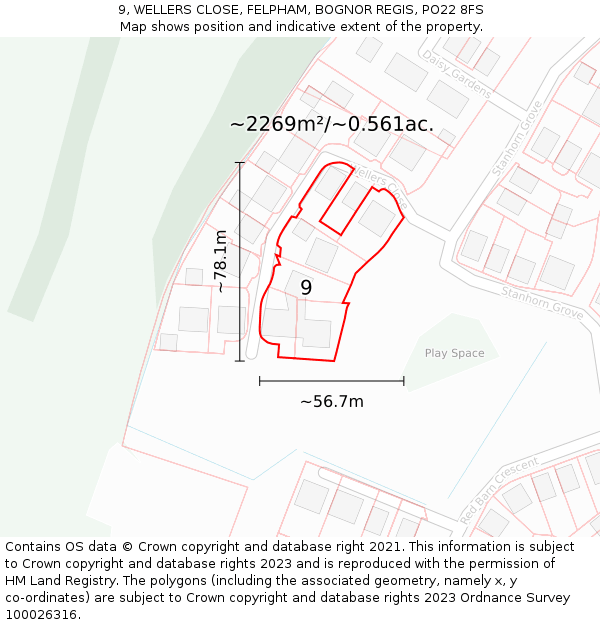 9, WELLERS CLOSE, FELPHAM, BOGNOR REGIS, PO22 8FS: Plot and title map