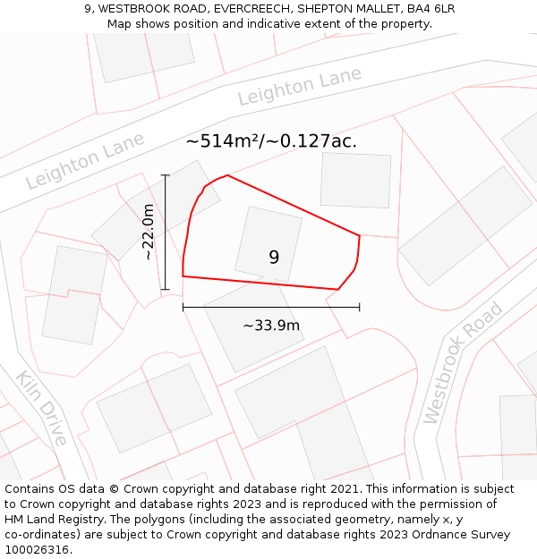 9, WESTBROOK ROAD, EVERCREECH, SHEPTON MALLET, BA4 6LR: Plot and title map