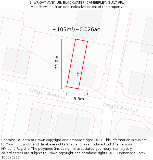 9, WRIGHT AVENUE, BLACKWATER, CAMBERLEY, GU17 9FL: Plot and title map