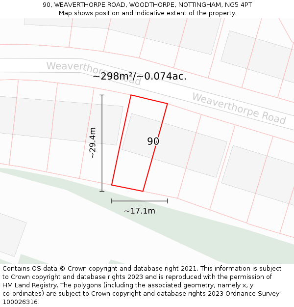 90, WEAVERTHORPE ROAD, WOODTHORPE, NOTTINGHAM, NG5 4PT: Plot and title map