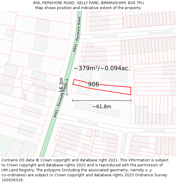 906, PERSHORE ROAD, SELLY PARK, BIRMINGHAM, B29 7PU: Plot and title map