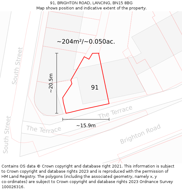 91, BRIGHTON ROAD, LANCING, BN15 8BG: Plot and title map