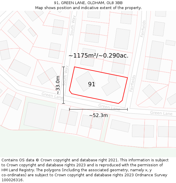 91, GREEN LANE, OLDHAM, OL8 3BB: Plot and title map