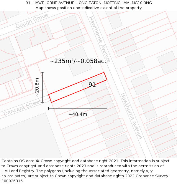 91, HAWTHORNE AVENUE, LONG EATON, NOTTINGHAM, NG10 3NG: Plot and title map