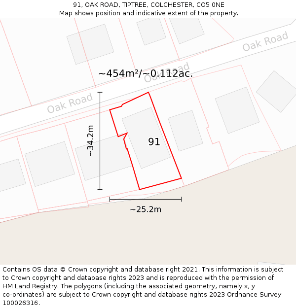 91, OAK ROAD, TIPTREE, COLCHESTER, CO5 0NE: Plot and title map