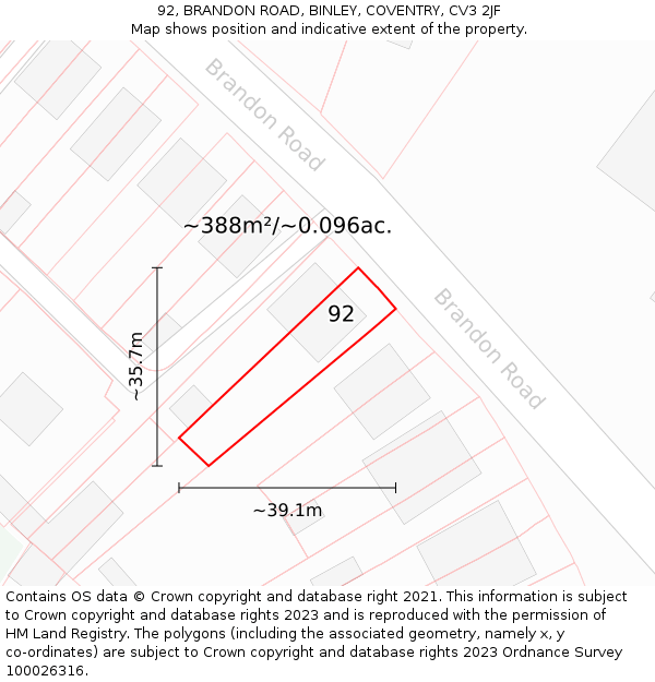 92, BRANDON ROAD, BINLEY, COVENTRY, CV3 2JF: Plot and title map