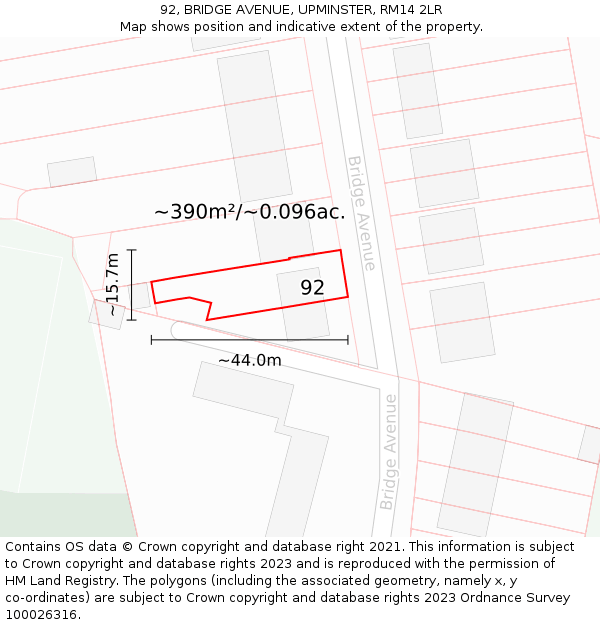 92, BRIDGE AVENUE, UPMINSTER, RM14 2LR: Plot and title map