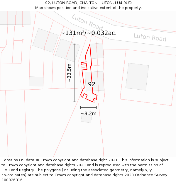 92, LUTON ROAD, CHALTON, LUTON, LU4 9UD: Plot and title map