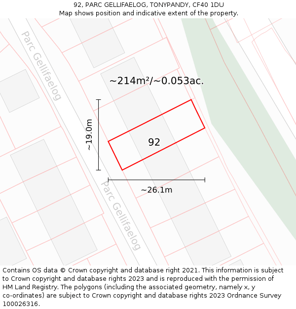92, PARC GELLIFAELOG, TONYPANDY, CF40 1DU: Plot and title map
