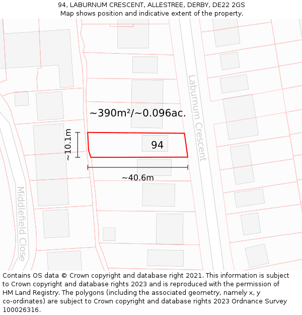 94, LABURNUM CRESCENT, ALLESTREE, DERBY, DE22 2GS: Plot and title map