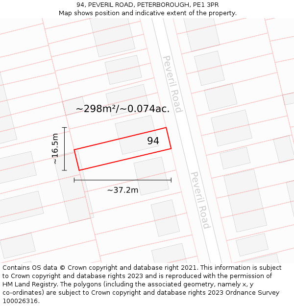 94, PEVERIL ROAD, PETERBOROUGH, PE1 3PR: Plot and title map