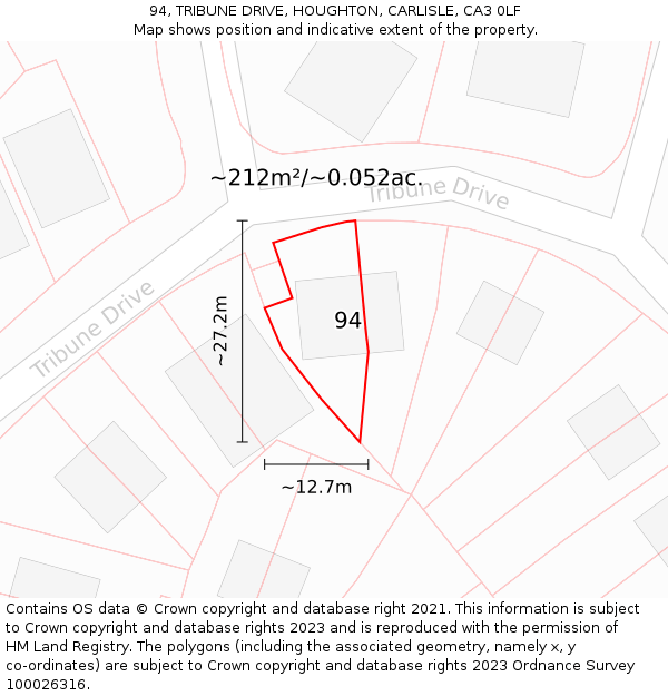94, TRIBUNE DRIVE, HOUGHTON, CARLISLE, CA3 0LF: Plot and title map