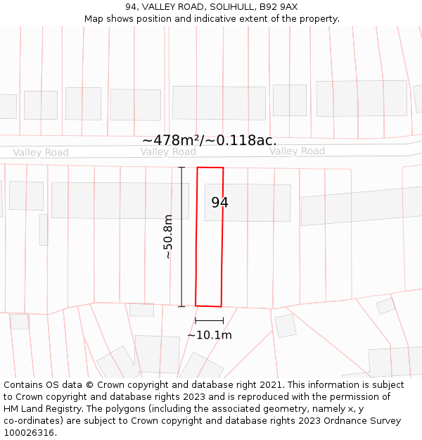 94, VALLEY ROAD, SOLIHULL, B92 9AX: Plot and title map