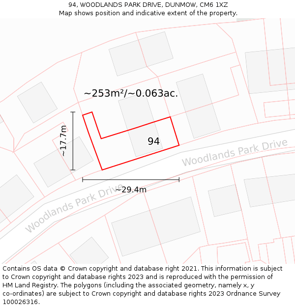 94, WOODLANDS PARK DRIVE, DUNMOW, CM6 1XZ: Plot and title map