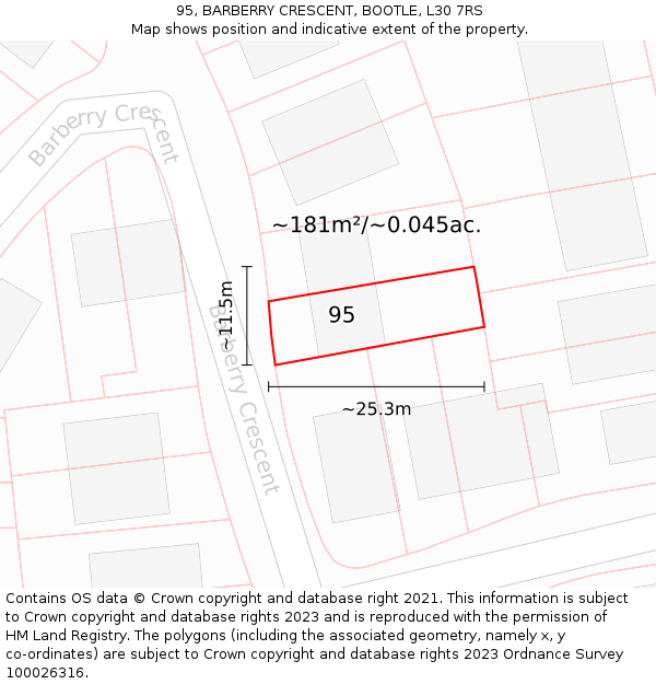 95, BARBERRY CRESCENT, BOOTLE, L30 7RS: Plot and title map