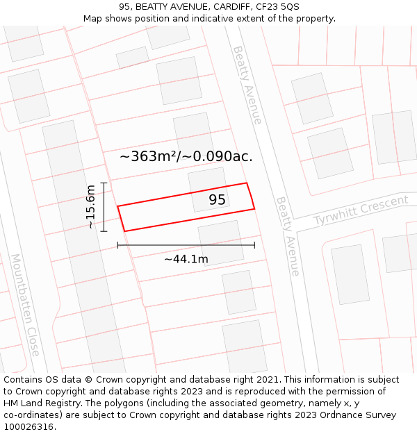 95, BEATTY AVENUE, CARDIFF, CF23 5QS: Plot and title map