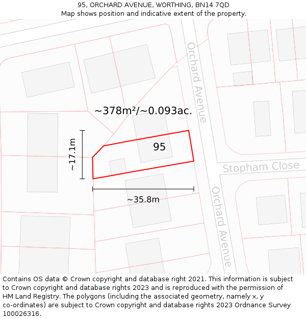 95, ORCHARD AVENUE, WORTHING, BN14 7QD: Plot and title map