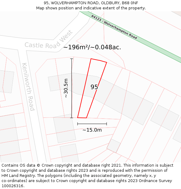 95, WOLVERHAMPTON ROAD, OLDBURY, B68 0NF: Plot and title map